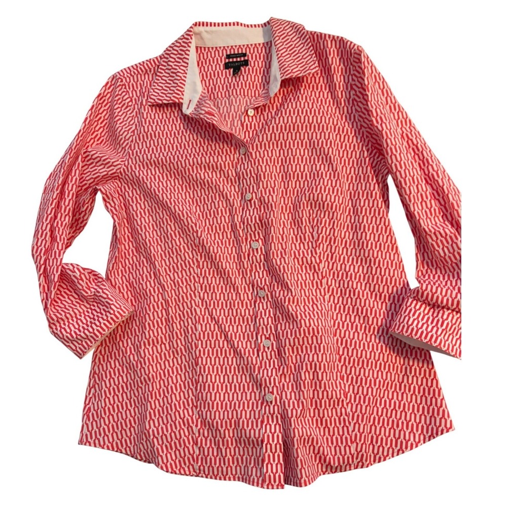 Talbots Womens Size 8 Red White Geometric Button Down Wrinkle Resistant Shirt